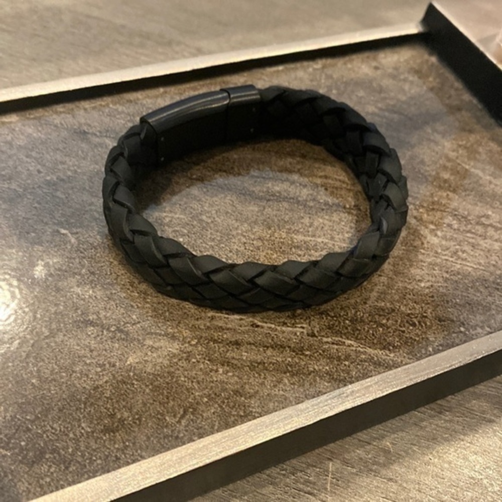 ‼️NWOT‼️ “The Steel Shop” Black on Black Braided Italian Leather Bracelet